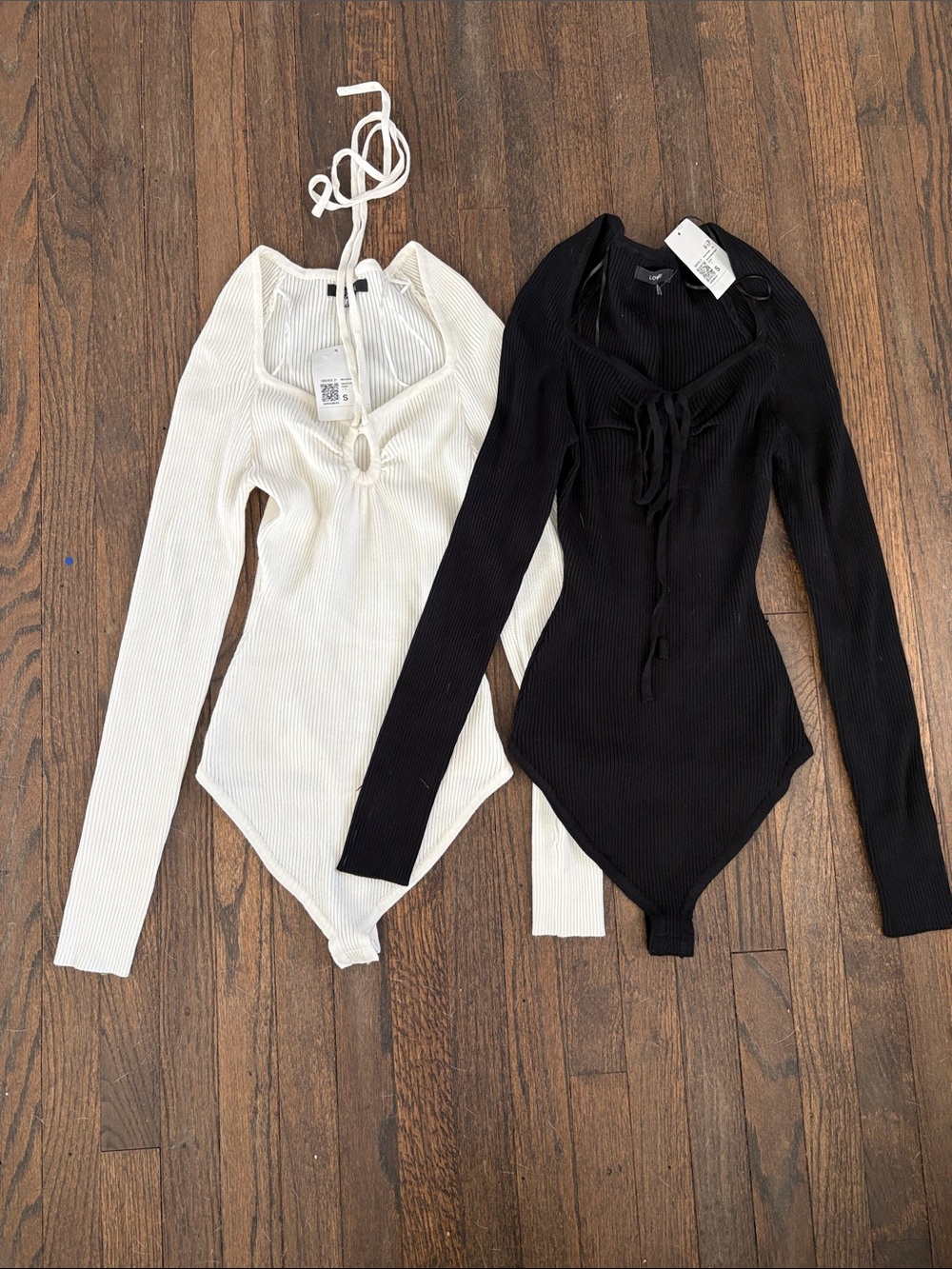 Forever 21 Ribbed Lace-Up Long Sleeve Bodysuit - Black & White